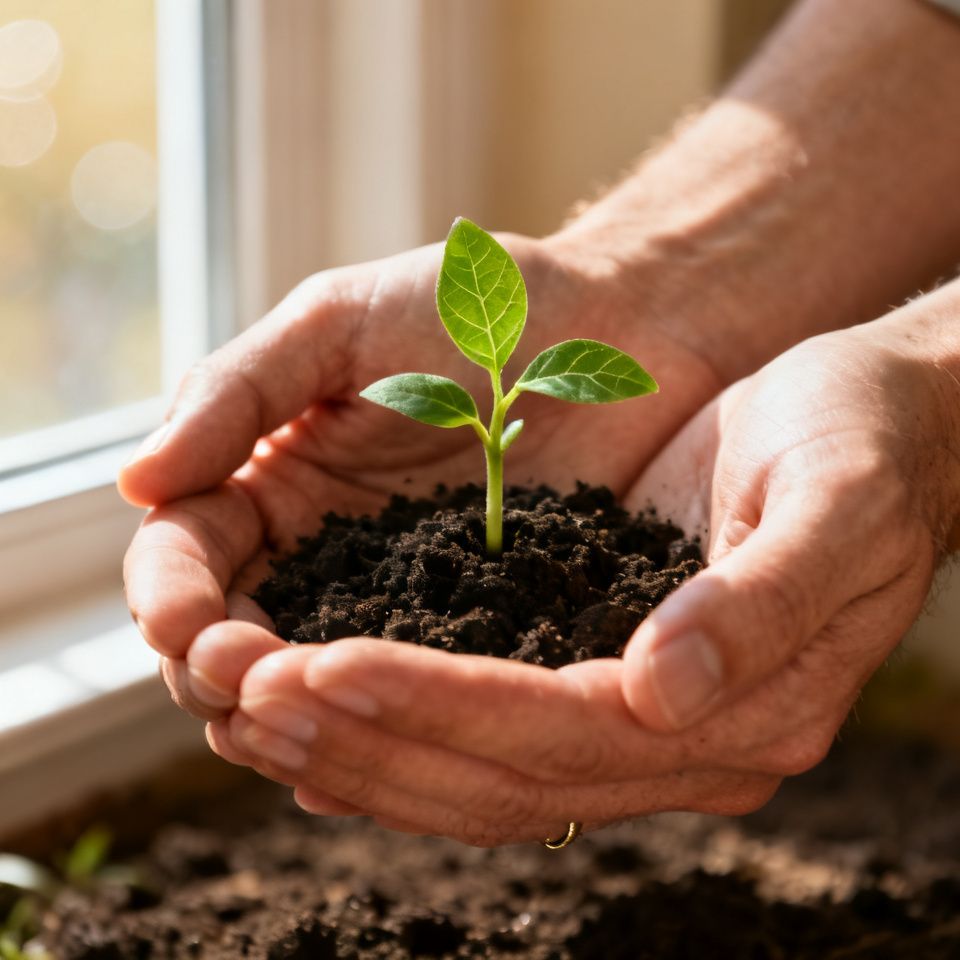 Hands holding a small green seedling, representing personal agency and growth