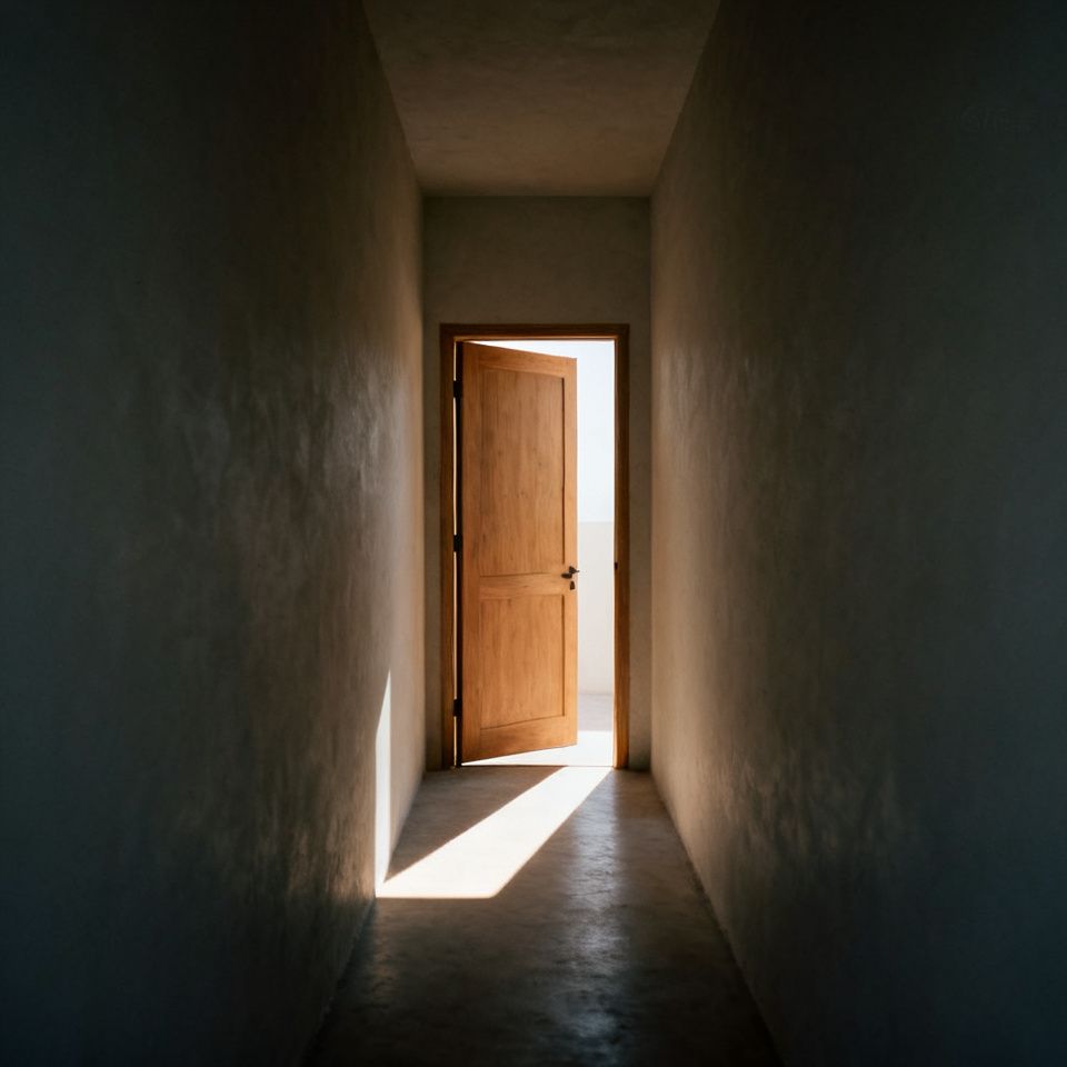 An open door with light streaming through, symbolizing the choice to move forward