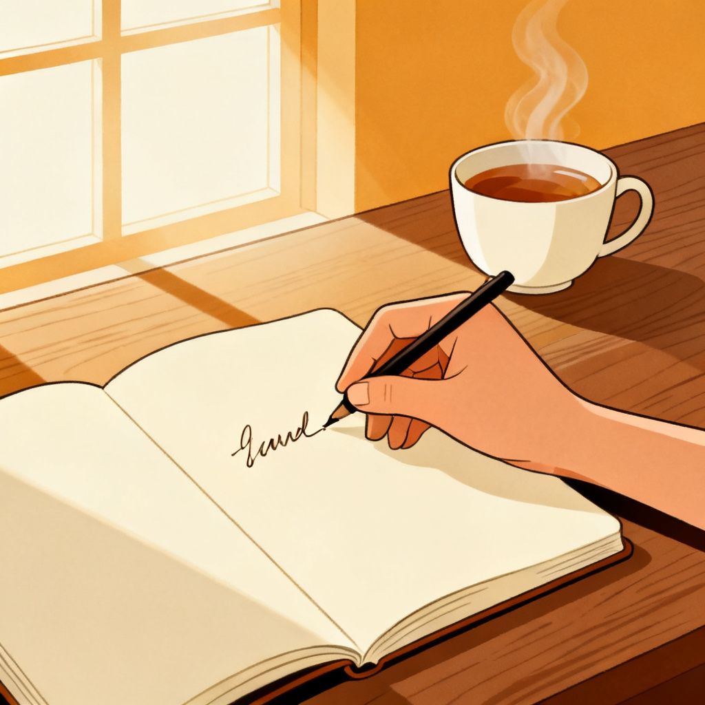 A hand writing in a journal beside a cup of tea in soft morning light