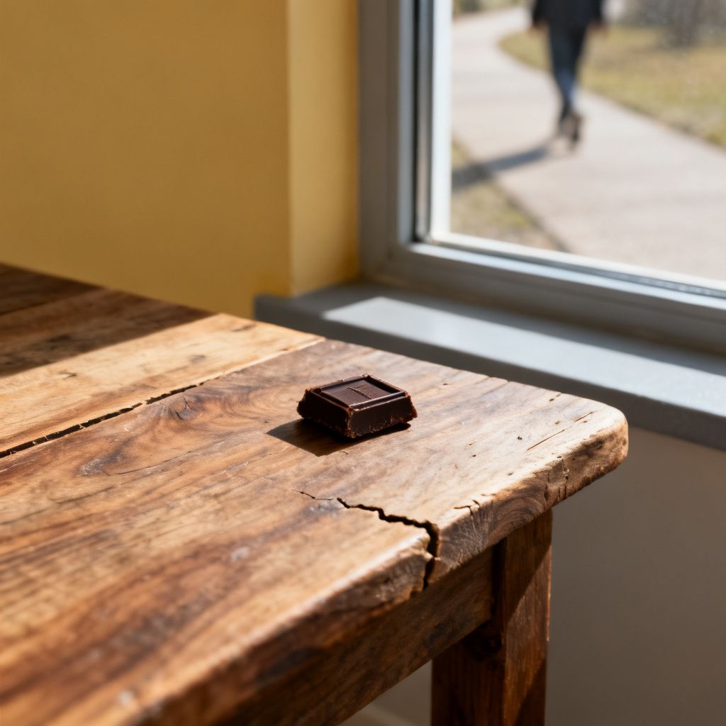 A piece of dark chocolate on a wooden table with a walking path visible through a window
