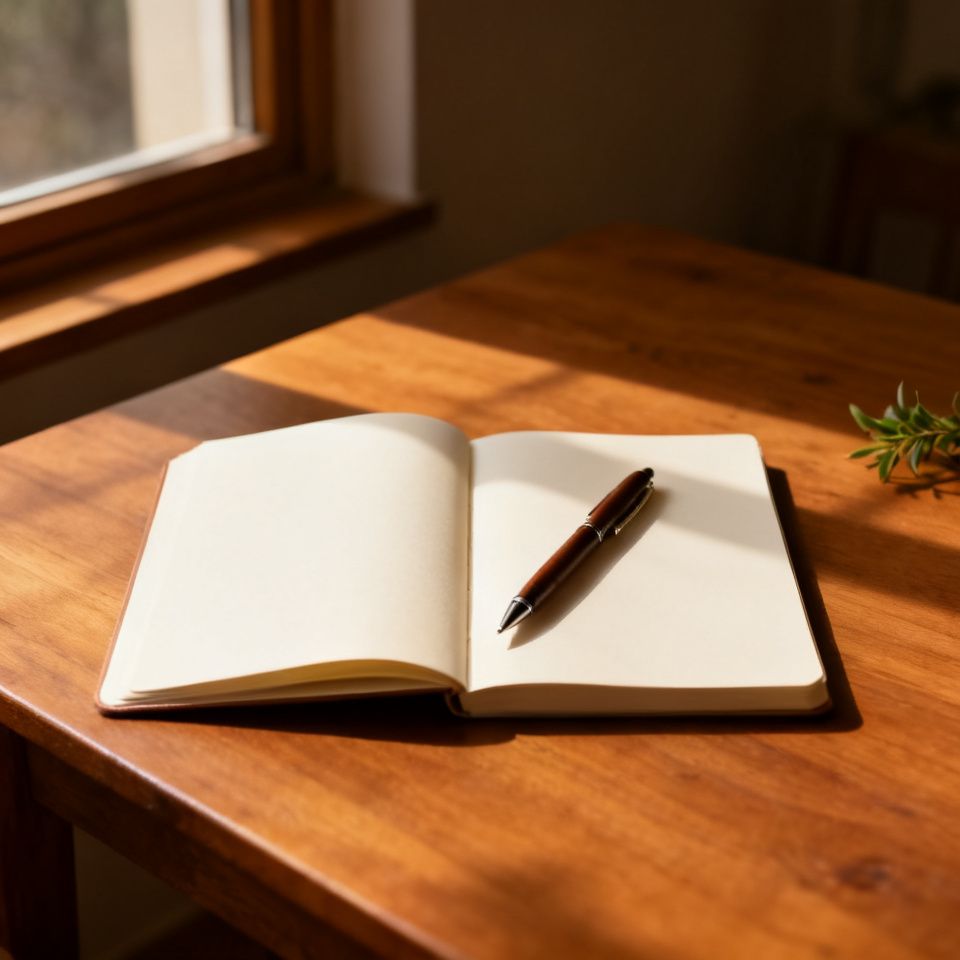 An open notebook with a pen on a wooden table in warm natural light