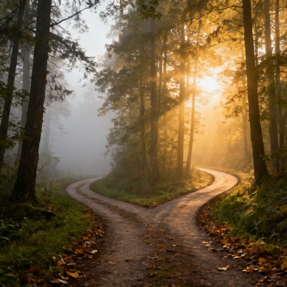 A forked forest path with one clear sunlit direction and one fading into fog