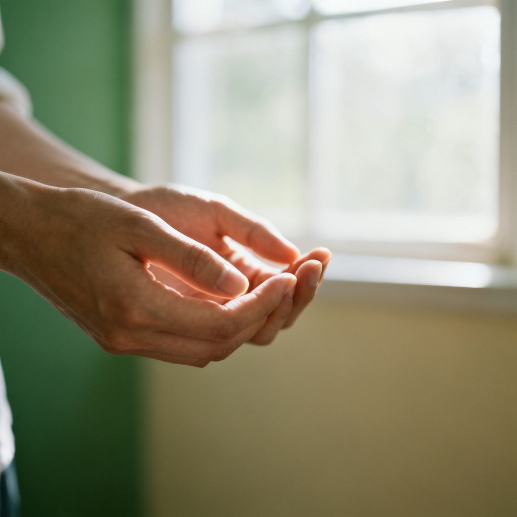 Two hands holding each other gently with space between them