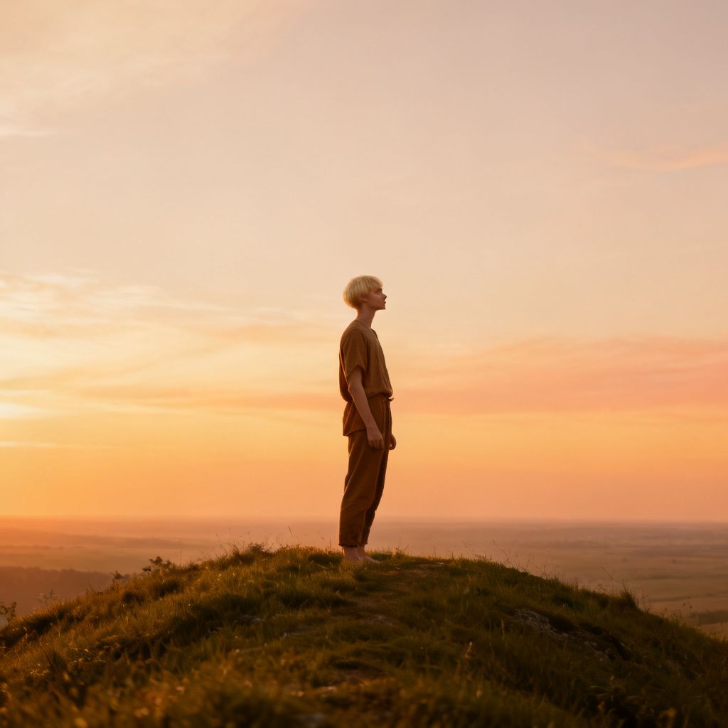 A person standing alone on a hilltop at golden hour, looking content