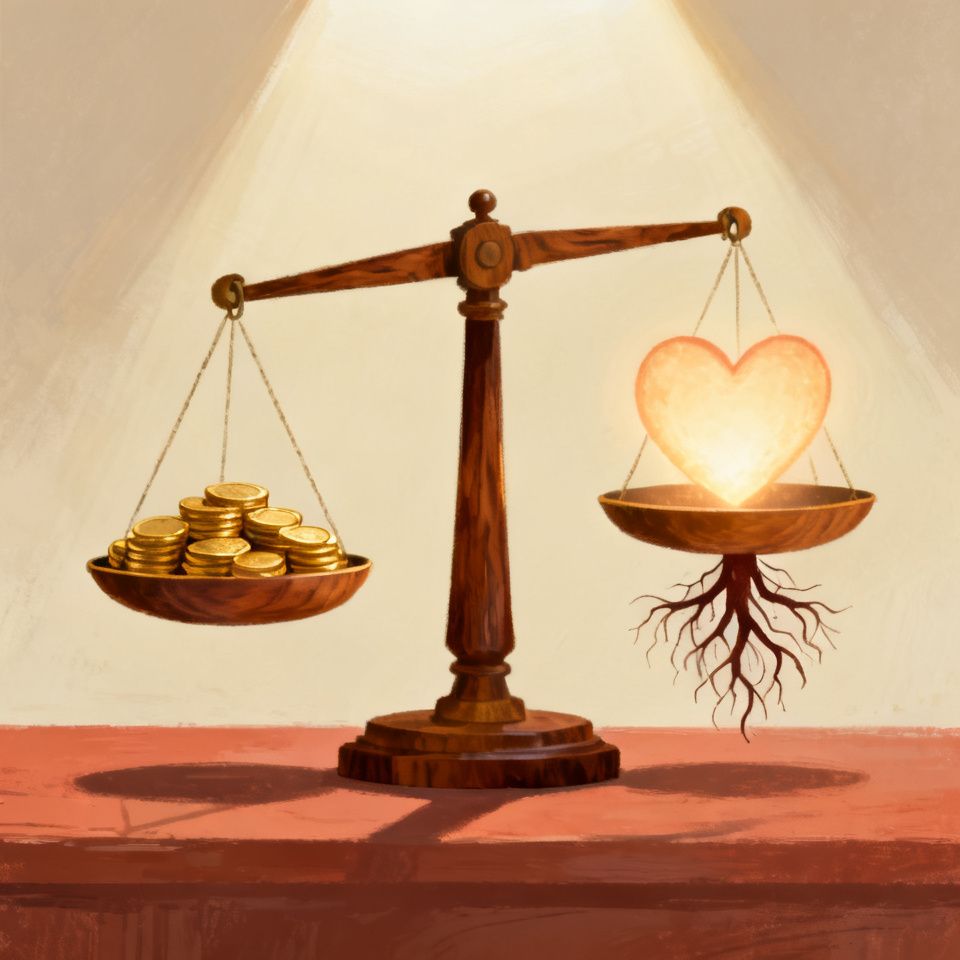 A scale balancing external wealth against inner values