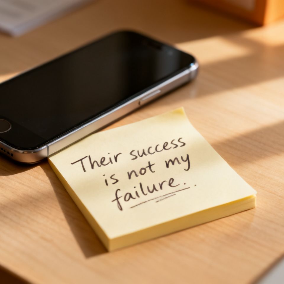 Sticky note affirmation beside a face-down phone on a desk