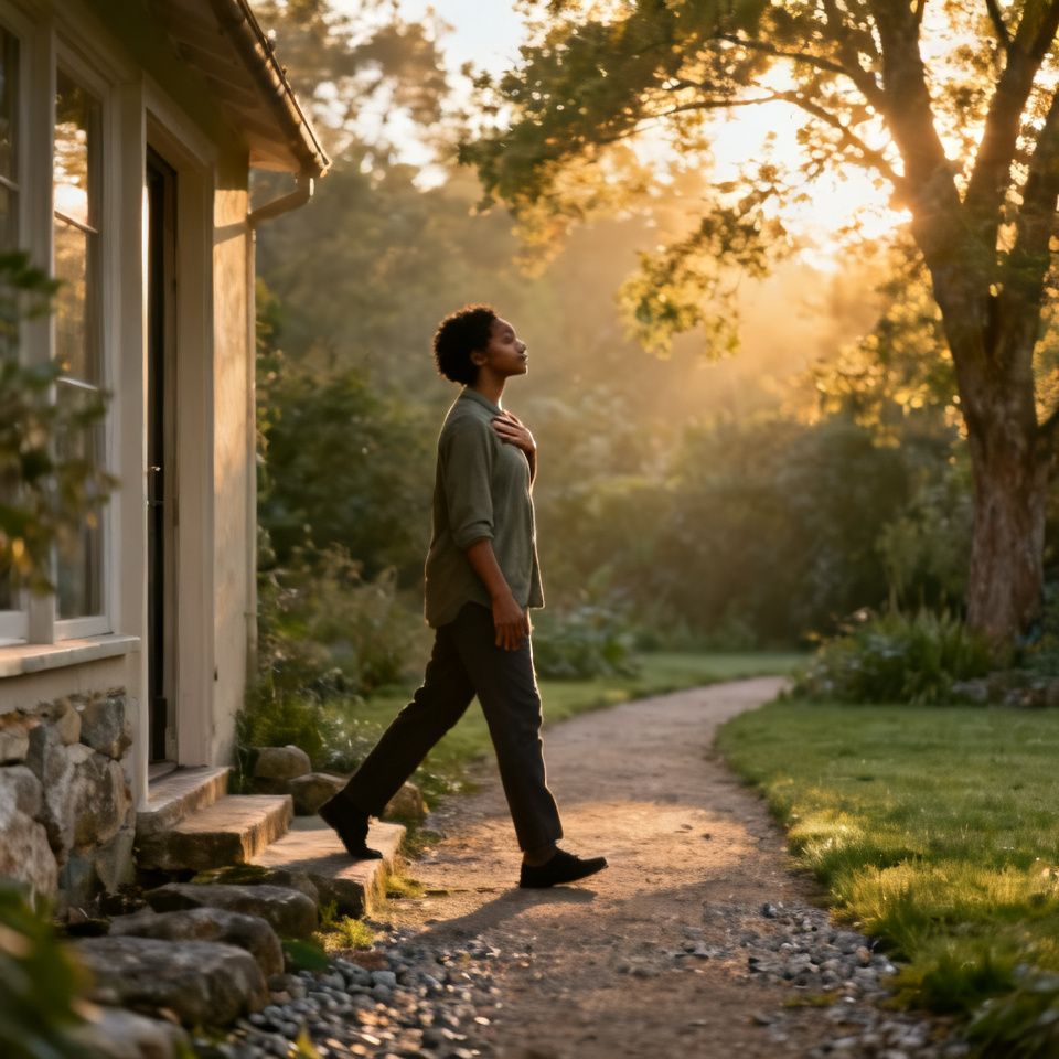 Person taking a mindful breath on a quiet outdoor path