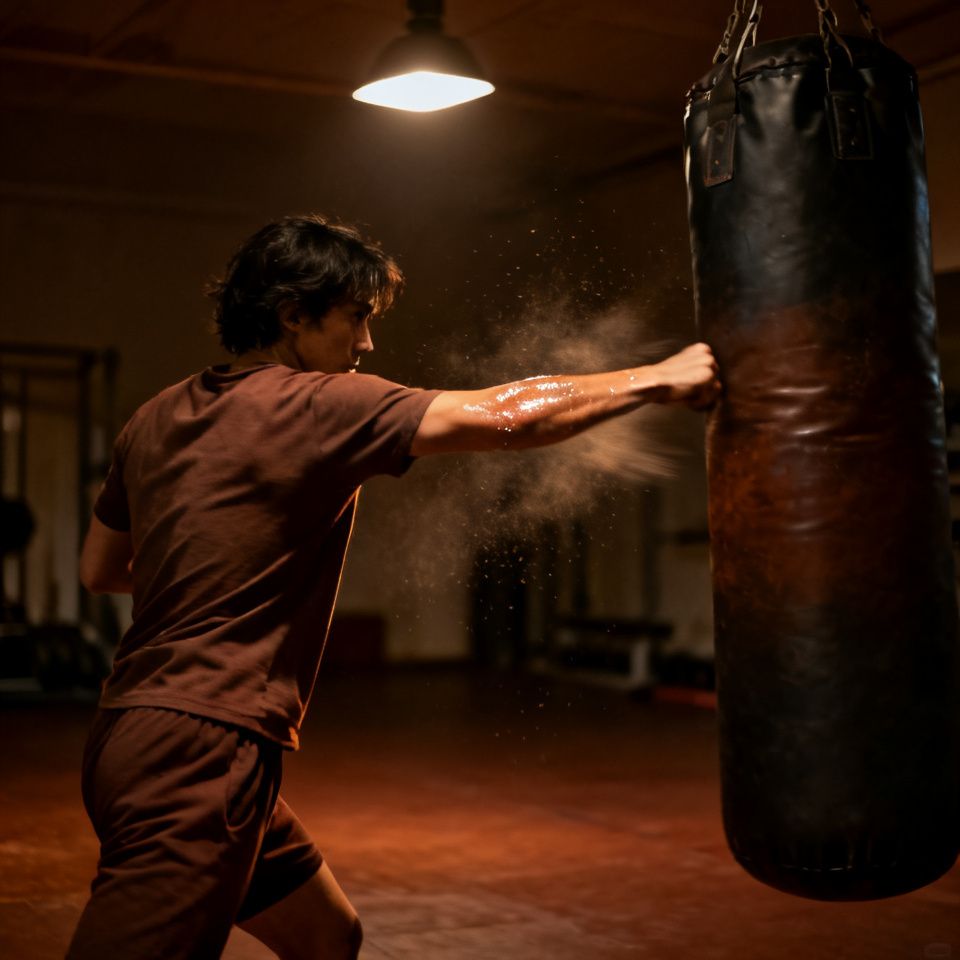 Someone punching a heavy bag in a dim gym, representing safe emotional release during difficult times