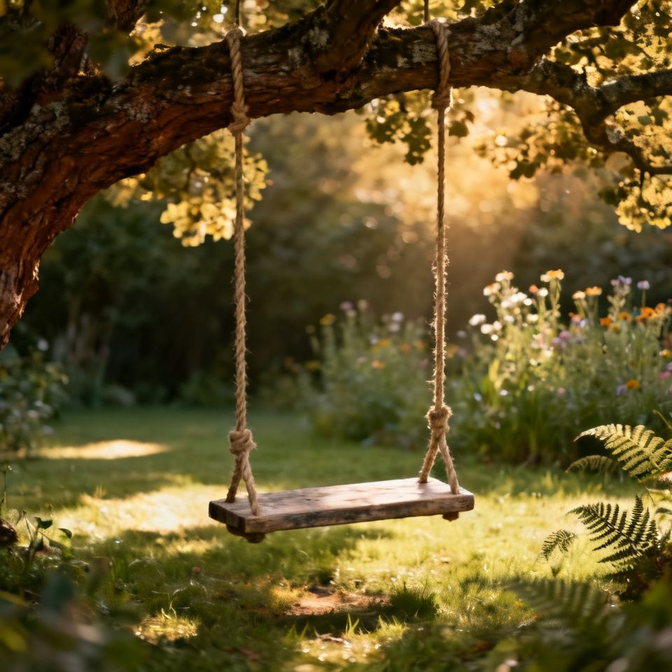 A still swing in a quiet garden representing the end of emotional pendulum swings
