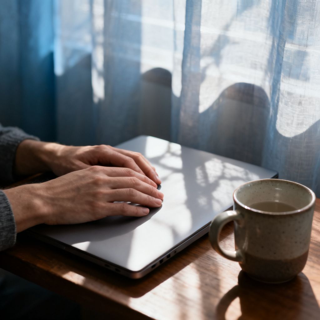 Hands resting on a closed laptop in soft afternoon light, capturing a moment of paused pressure