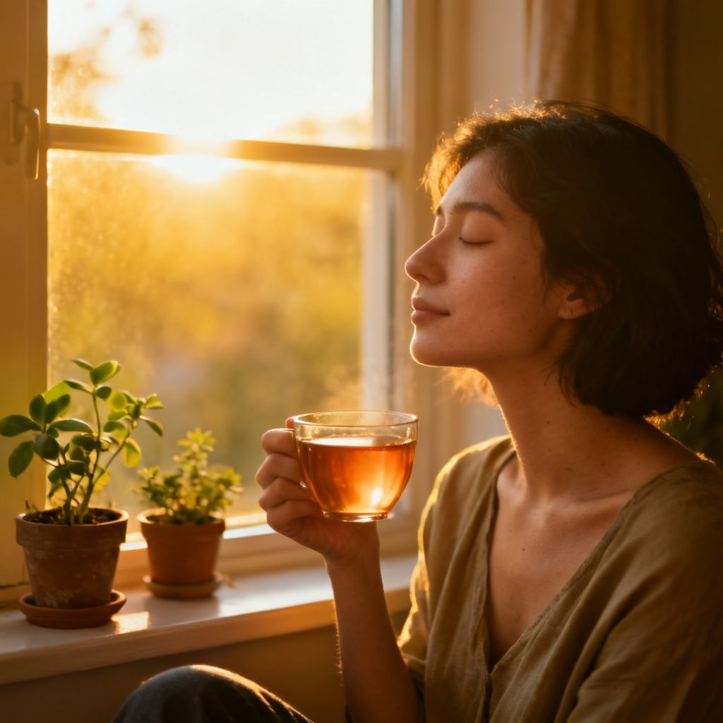 Person enjoying a peaceful rest break by a window with tea and plants in warm light