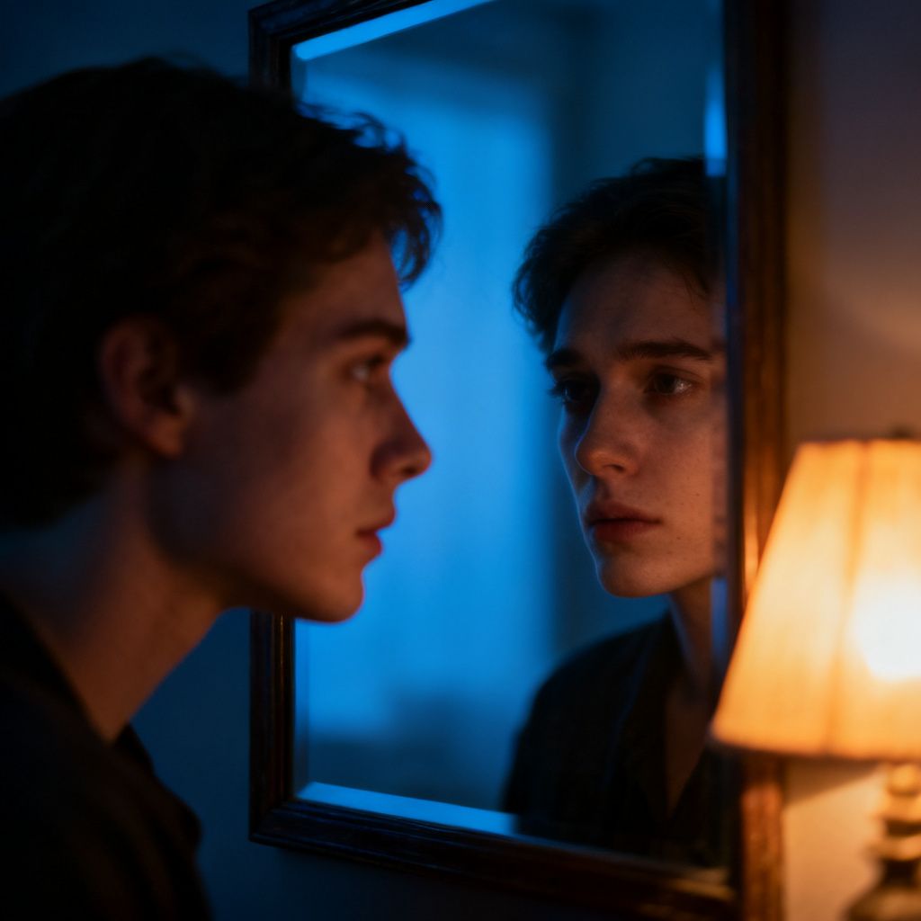 A person examining their reflection in a mirror, representing self-worth and inner examination