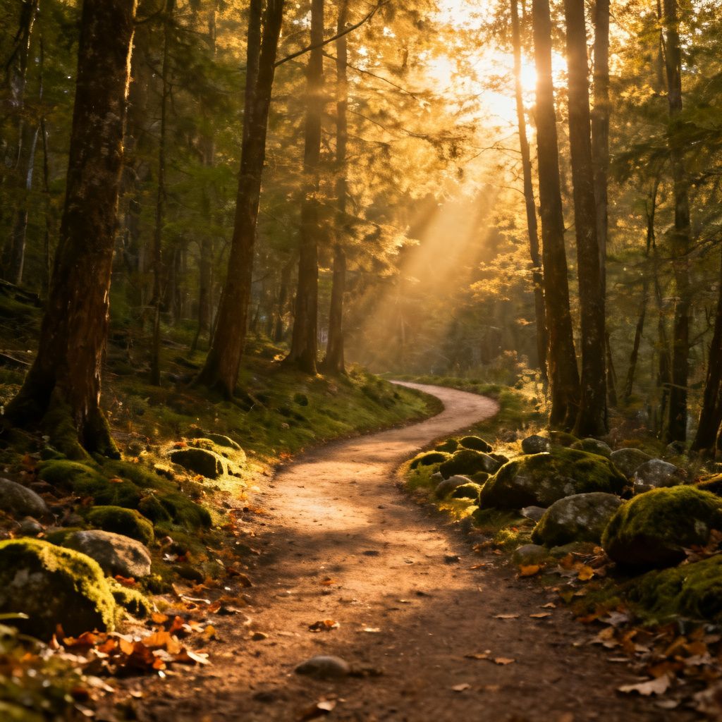 A peaceful forest path at golden hour, symbolizing a more grounded approach to goals