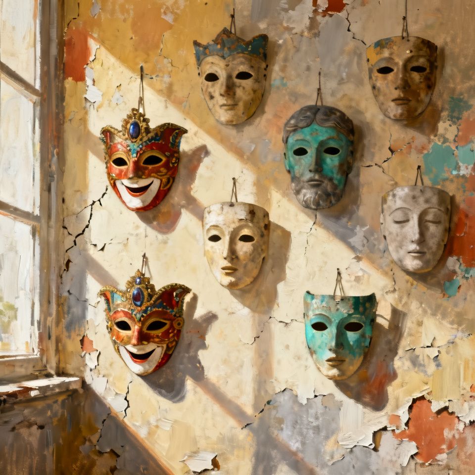 Various masks on a wall representing different identity roles we adopt and suppress