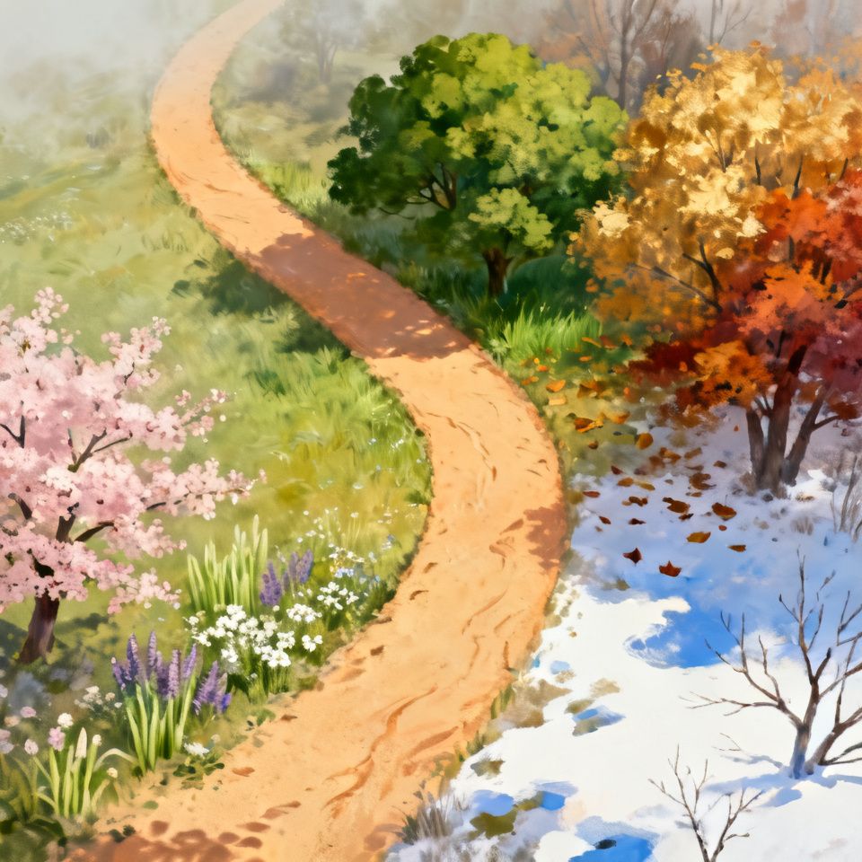 A path through changing seasons representing the timeline approach to honoring different inner desires over time