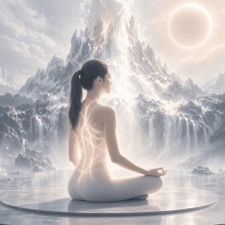 A woman meditating on a round stone platform, with glowing lines tracing sensation through her back and arm, and a luminous mountain behind her