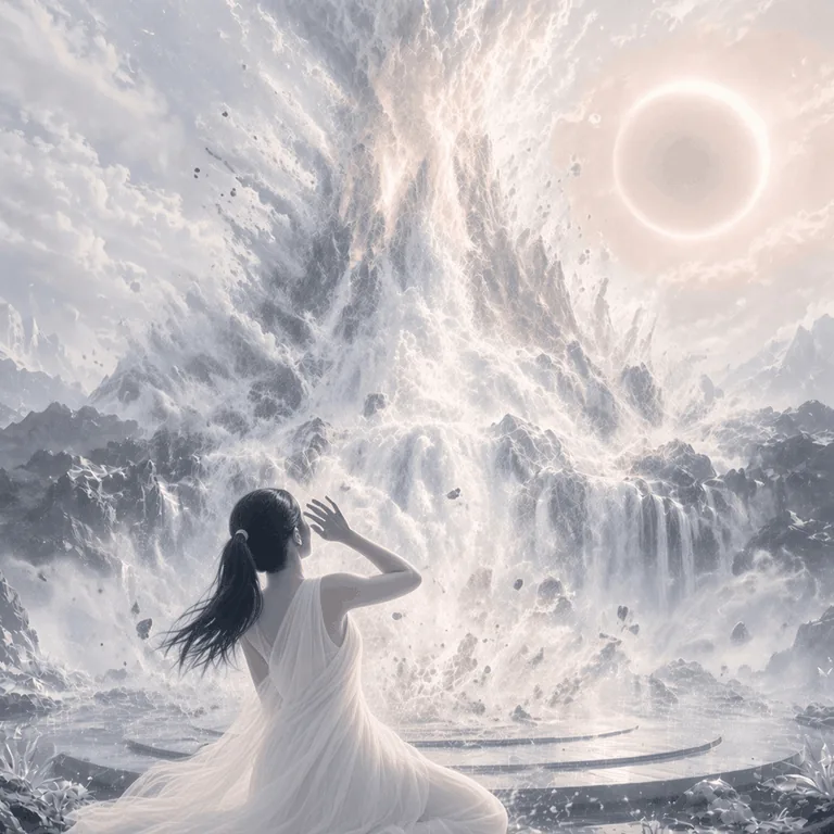 A woman in white kneeling toward a mountain bursting apart in light and stone, one hand raised, under a ringed sun
