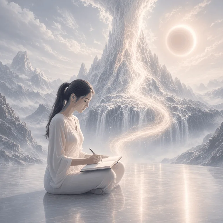A woman writing in an open journal while a glowing path of light rises from the page toward a mountain peak