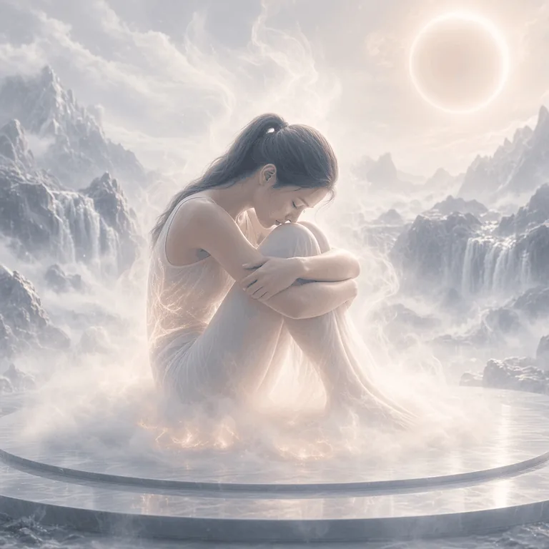 A woman in white curled on a round stone platform, knees drawn in and head bowed, with pale mist rising around her against mountains and a ringed sun