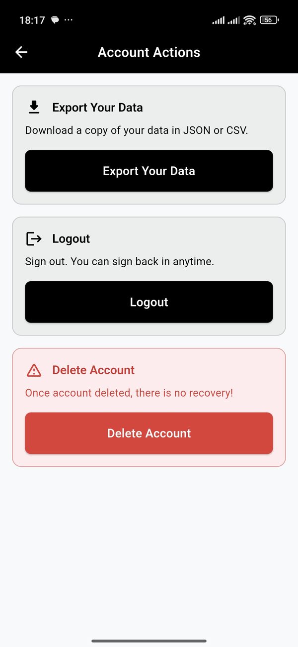 Profile Settings Screen showing Delete Account button